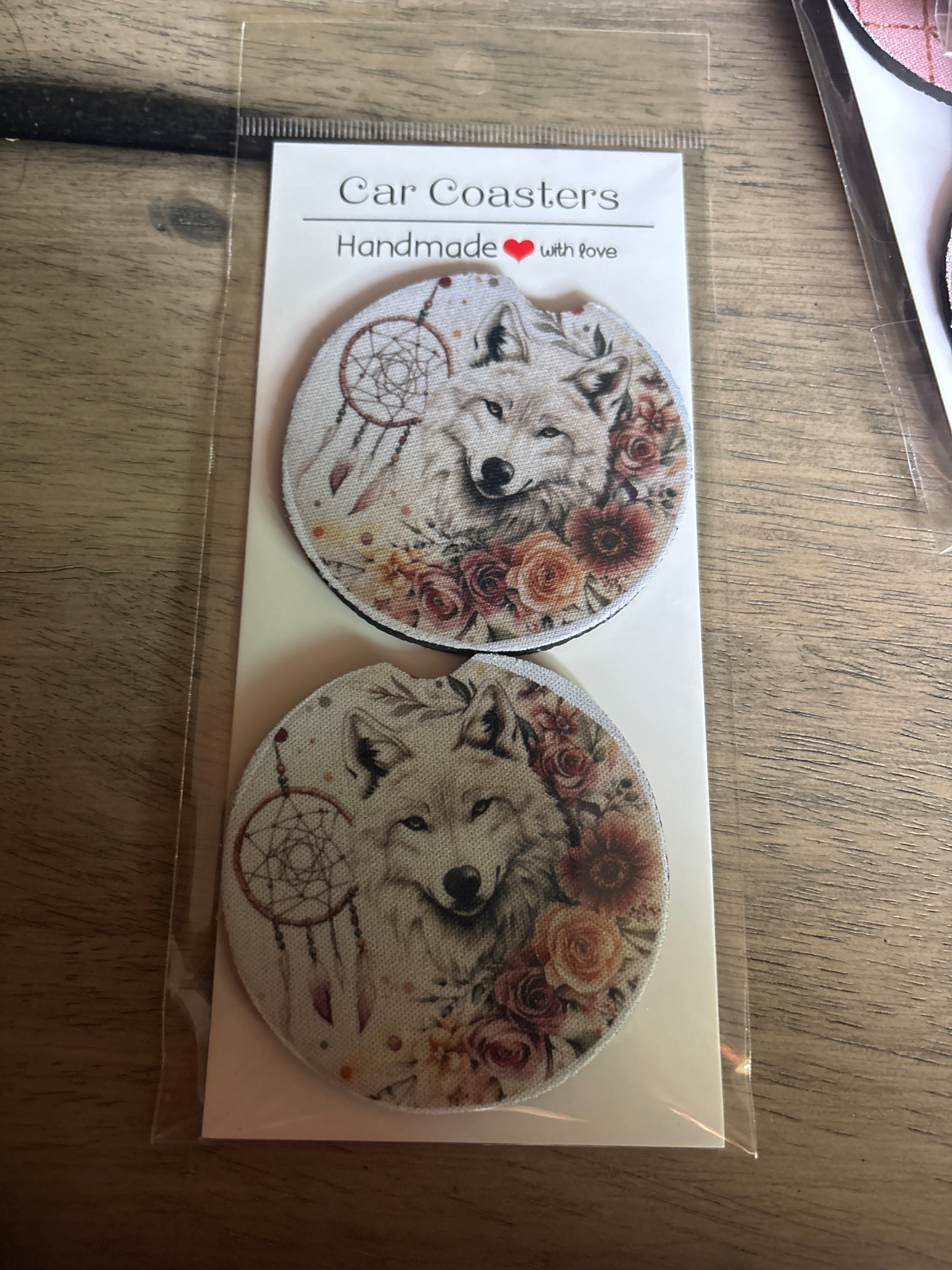 White wolf car coasters