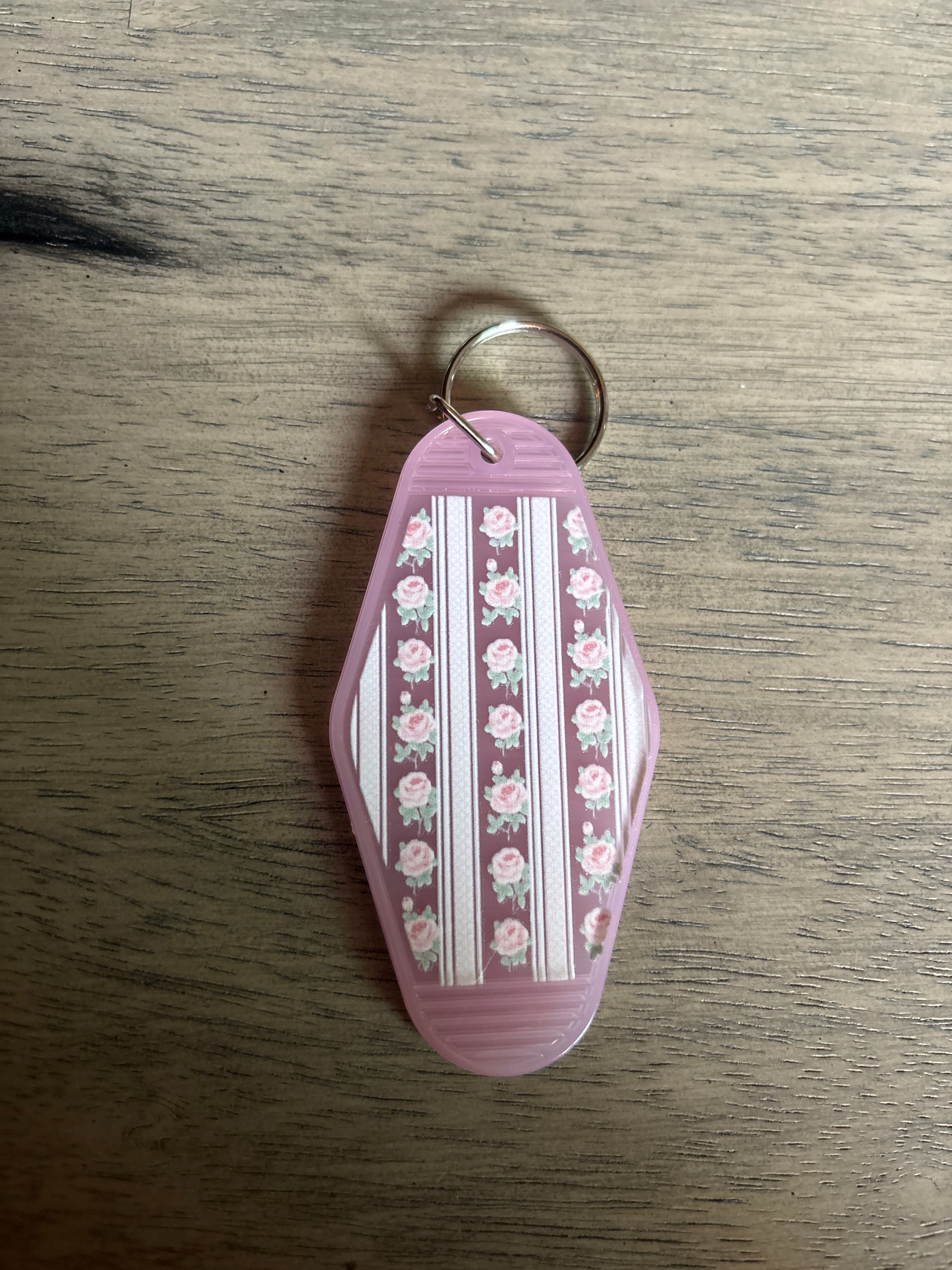 Pink rose and stripe motel keychain